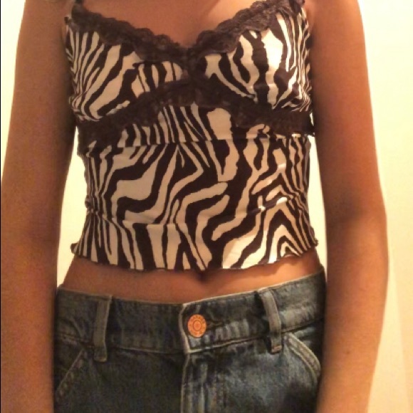 Y2K Zebra Pattern Lace Cross Crop Top - Picture 1 of 2